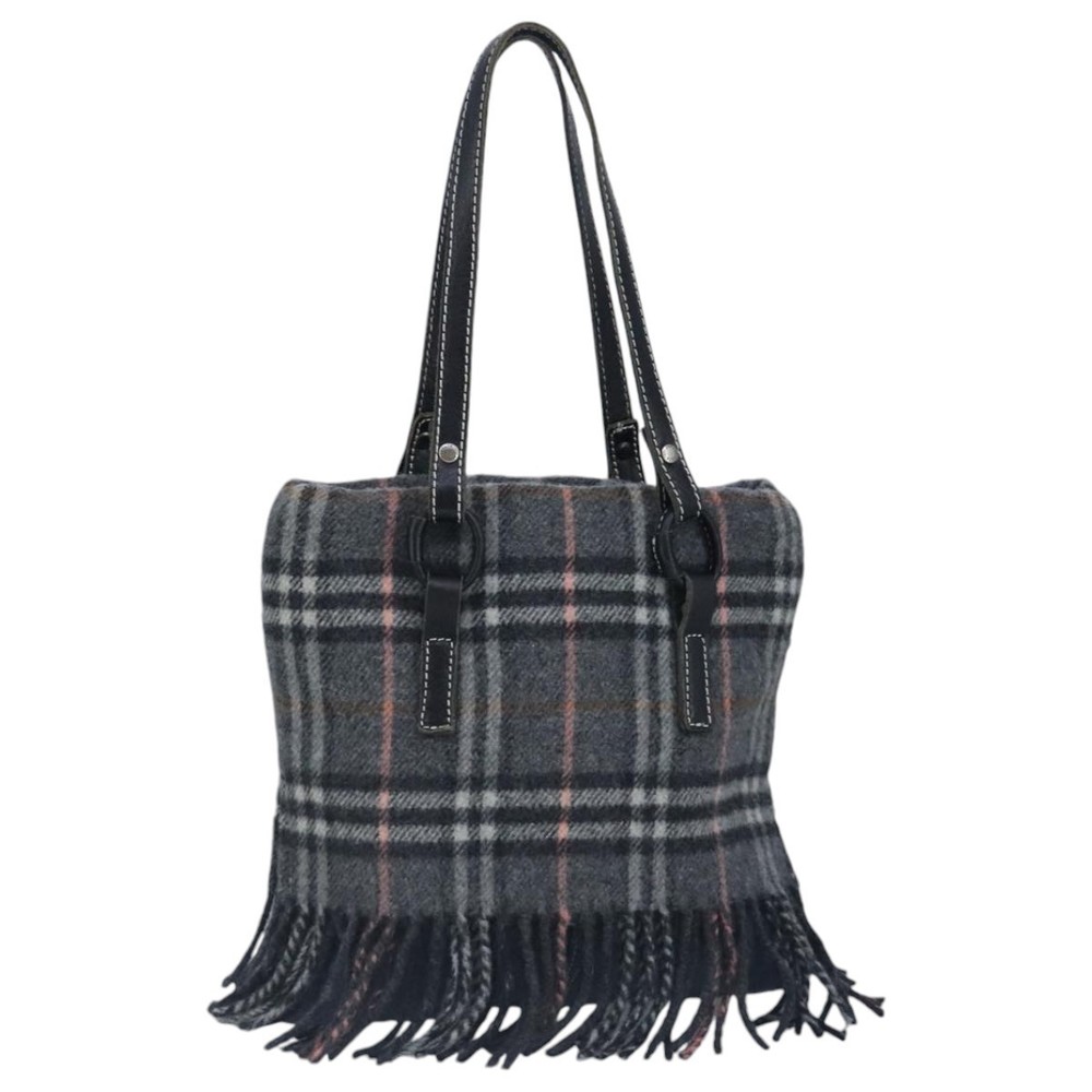 BURBERRY Nova Check Scarf Style Blue Label Hand Bag Wool Gray Silver Auth 96942 - Picture 3 of 16